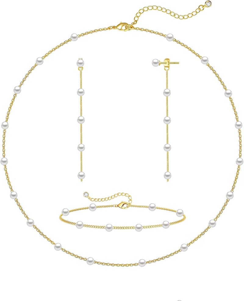 Zeffy Gold Pearl Necklace for Women, Dainty 14K Gold/Silve Plated Layered Pearl Choker Pearl Earrings Pearl Bracelets Wedding Trendy Gold Jewelry Set for Women Gifts - Image 1